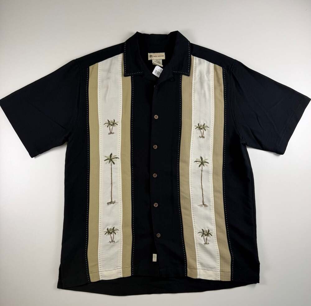 Havana Jacks Cafe NWT Silk Embroidered Palm Tree Panel Camp Shirt Black XL